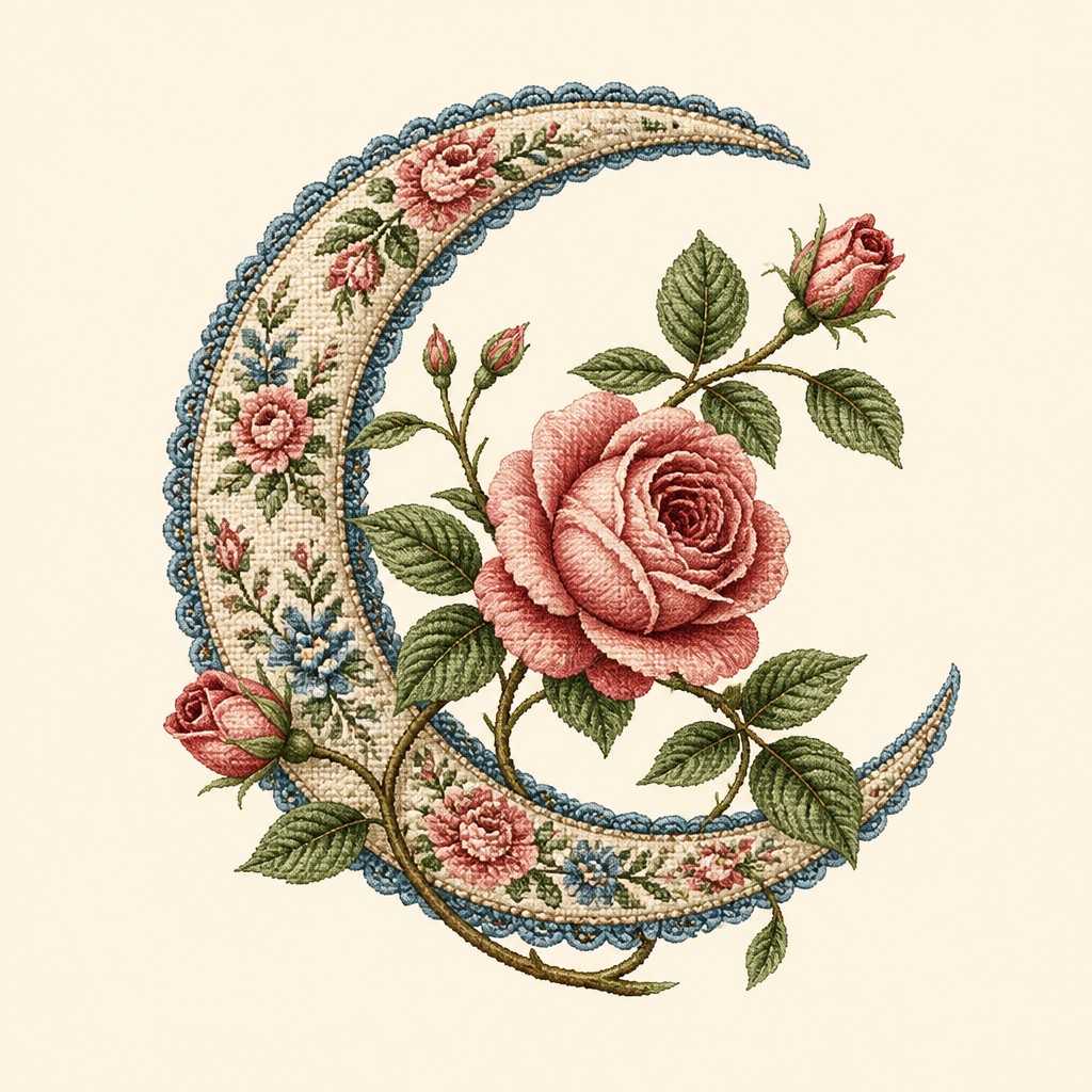 a rose entwined with a crescent moon, clean balanced composition on a plain background, no text