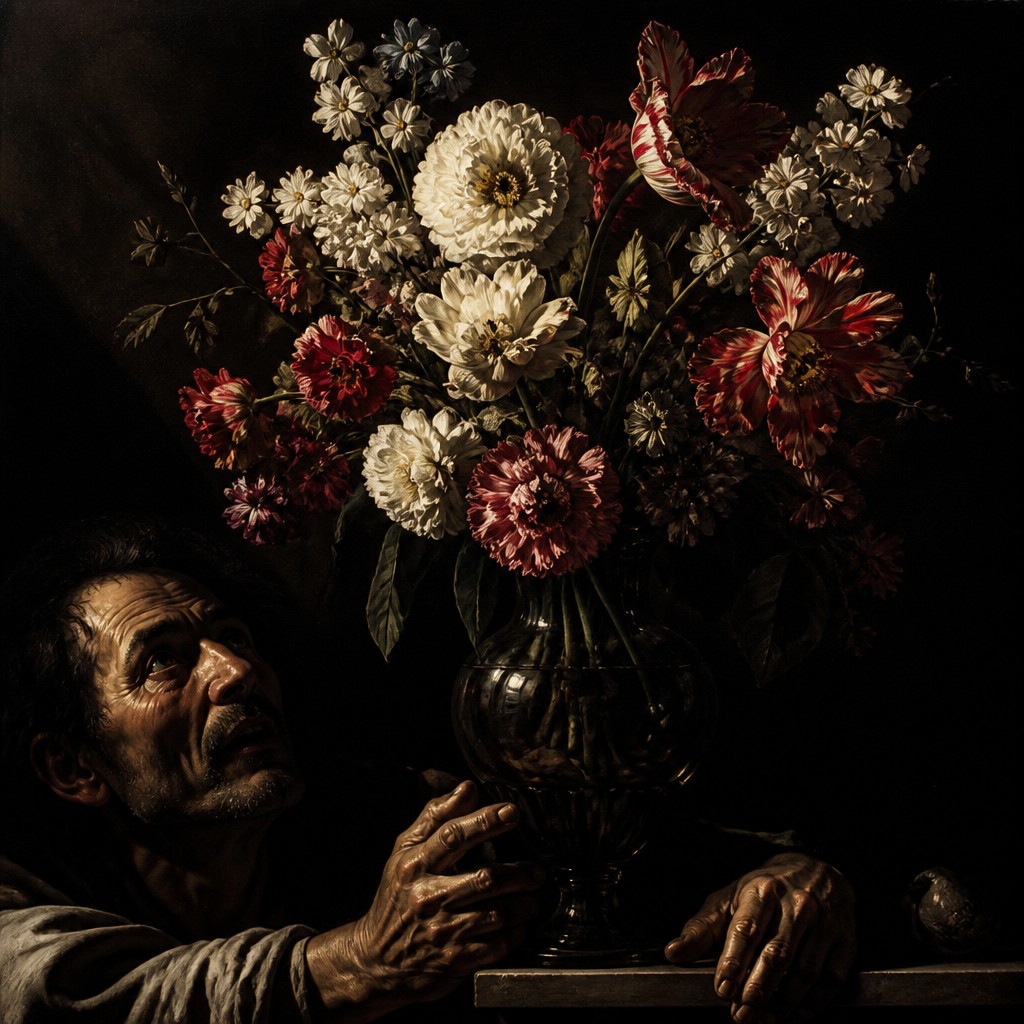 bouquet of flowers in a glass vase — Neapolitan Baroque Art Style