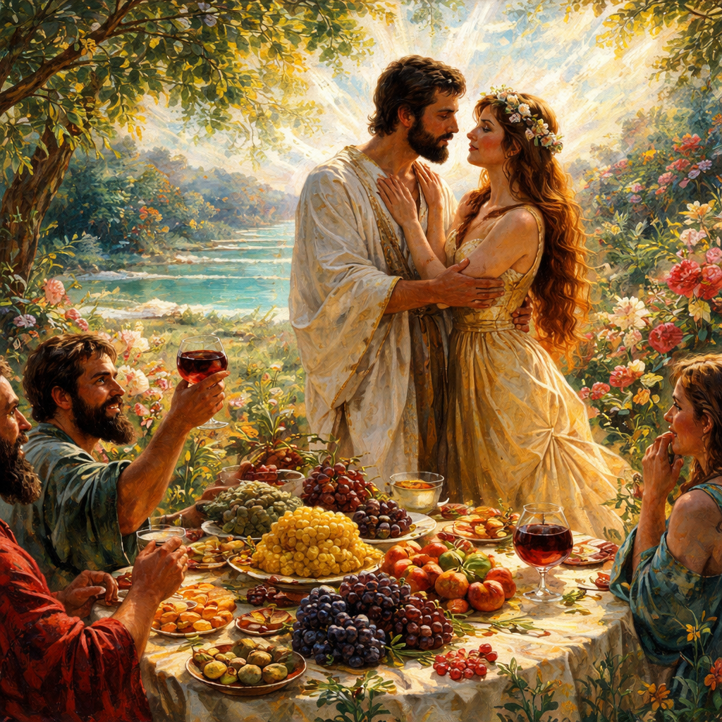 “I am come into my garden, my sister, my spouse: I have gathered my myrrh with my spice; I have eaten my honeycomb with my honey; I have drunk my wine with my milk: eat, O friends; drink, yea, drink abundantly, O beloved.” (Song of Solomon 5:1, KJV)