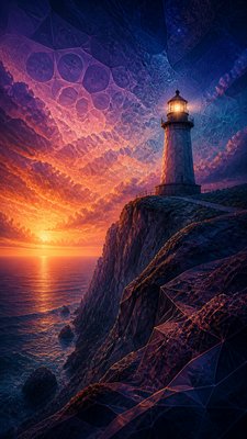 a lone lighthouse on a cliff at dusk under a dramatic sky, no text or lettering