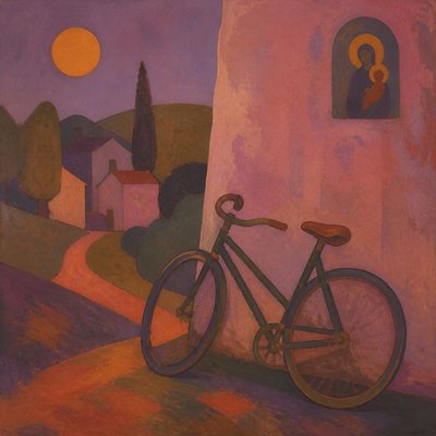 bicyle resting against a wall — Synthetism Art Style