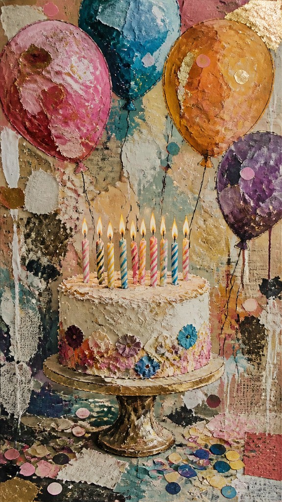 a birthday cake with lit candles surrounded by balloons and confetti, festive vertical composition, no text