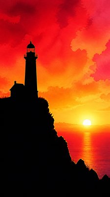 a lone lighthouse on a cliff at dusk under a dramatic sky, no text or lettering