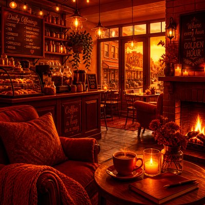 cozy cafe interior with warm lighting