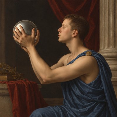 a painting of a man holding a silver ball
