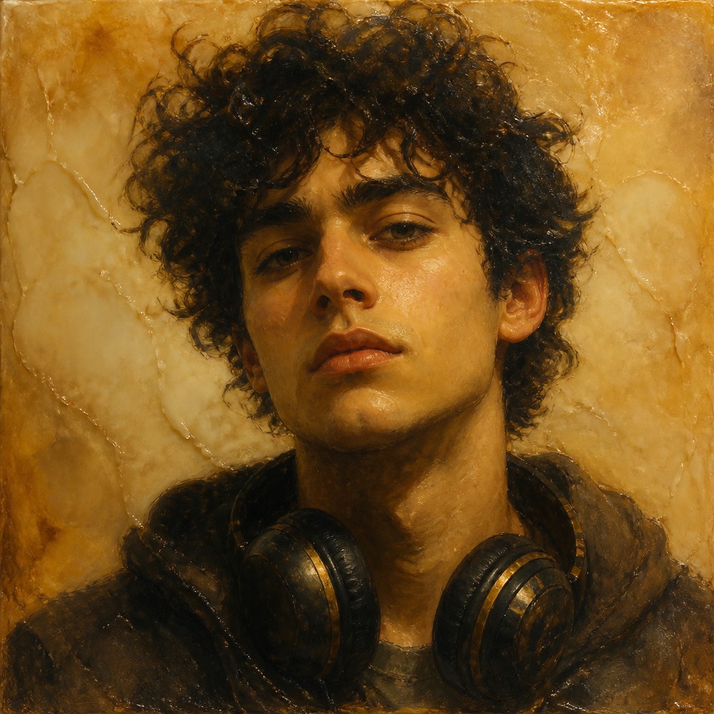 head-and-shoulders portrait of an original character: a young man with curly dark hair and headphones around his neck, plain backdrop, no text