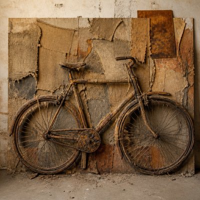 bicyle resting against a wall