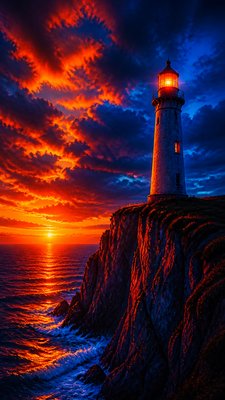 a lone lighthouse on a cliff at dusk under a dramatic sky, no text or lettering