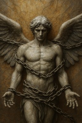 a drawing of a man with chains around his body