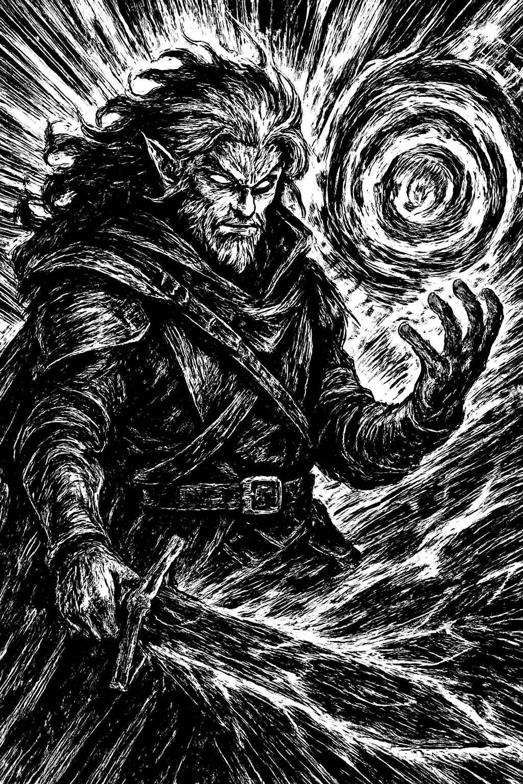 a black and white drawing of a demon