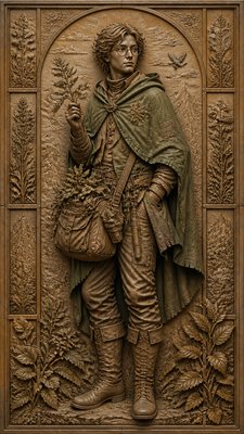 full-body original character: a wandering botanist with a satchel of plants, a patched green cloak, tall boots and round glasses, neutral background