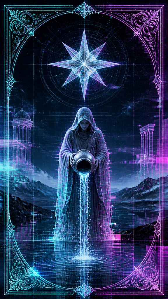 a robed figure pouring water beneath a large eight-pointed star in a night sky, symmetrical composition with an ornate decorative border, no text