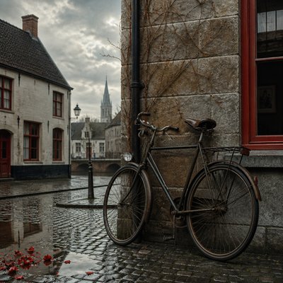 bicyle resting against a wall — Belgian Art Style