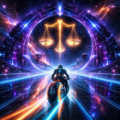 Neon-Futurism Digital Art Style, Bioluminescent Sci-Fi Cosmic Setting, Symmetrical Composition. A dynamic shot from directly behind a lone rider speeding into the deep cosmos.

The Rider & Bike Direction: A futuristic, hubless "light-cycle" sportbike (with glowing cyan and orange wheel rings and chassis lighting) is speeding away from the camera. The rider, wearing a matching full-coverage glowing armored suit and helmet, is seated correctly facing forward, leaning into the speed.

The Action (Entering the Gateway): The motorcycle and rider are just entering beneath a monumental cosmic archway that spans the entire glowing blue laser-grid highway.

The Libra Arch structure: The massive archway is constructed of towering, glowing violet and deep blue digital circuitry and crystallized stardust. Hanging majestically from the center of the archway's lintel, directly above the rider's path, is a gigantic set of balanced Cosmic Scales, composed of radiant golden energy and concentrated star clusters.

Atmosphere: The neon trails of the bike reflect on the glossy grid road surface. The background is infinite space filled with geometric stars.