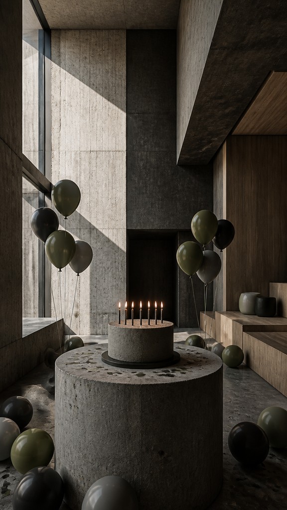 a birthday cake with lit candles surrounded by balloons and confetti, festive vertical composition, no text