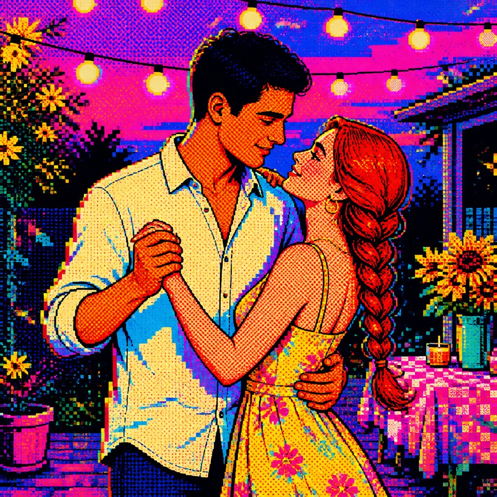 an original couple dancing under string lights in a garden at dusk: a man with short black hair in a linen shirt and a woman with braided red hair in a summer dress