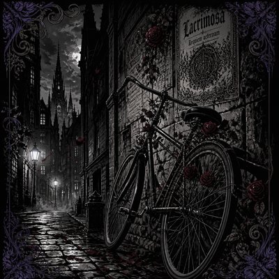 bicyle resting against a wall — Dark Gothic Anime Art Style