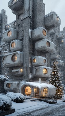 a snow-covered cottage with warm glowing windows beside a decorated pine tree, gentle snowfall, no text