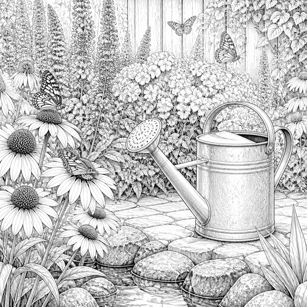 a garden scene with butterflies, flowers and a watering can, clean uncolored line art, no text