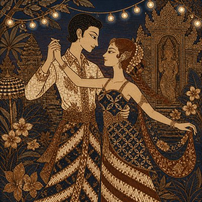 an original couple dancing under string lights in a garden at dusk: a man with short black hair in a linen shirt and a woman with braided red hair in a summer dress