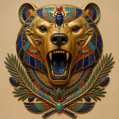 a roaring bear head above crossed pine branches, bold graphic composition on a plain background, no text