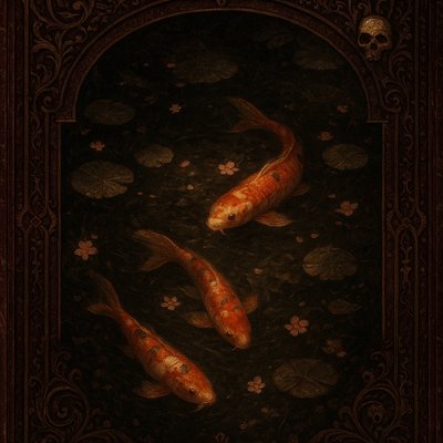 A koi pond seen from above, orange and white koi fish swimming among lily pads, clear water with subtle ripples, fallen cherry blossom petals floating on the surface, dappled sunlight