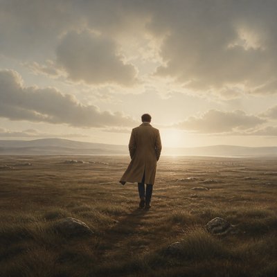 a solitary figure walking toward a glowing horizon across an empty plain, moody atmosphere, no text or lettering