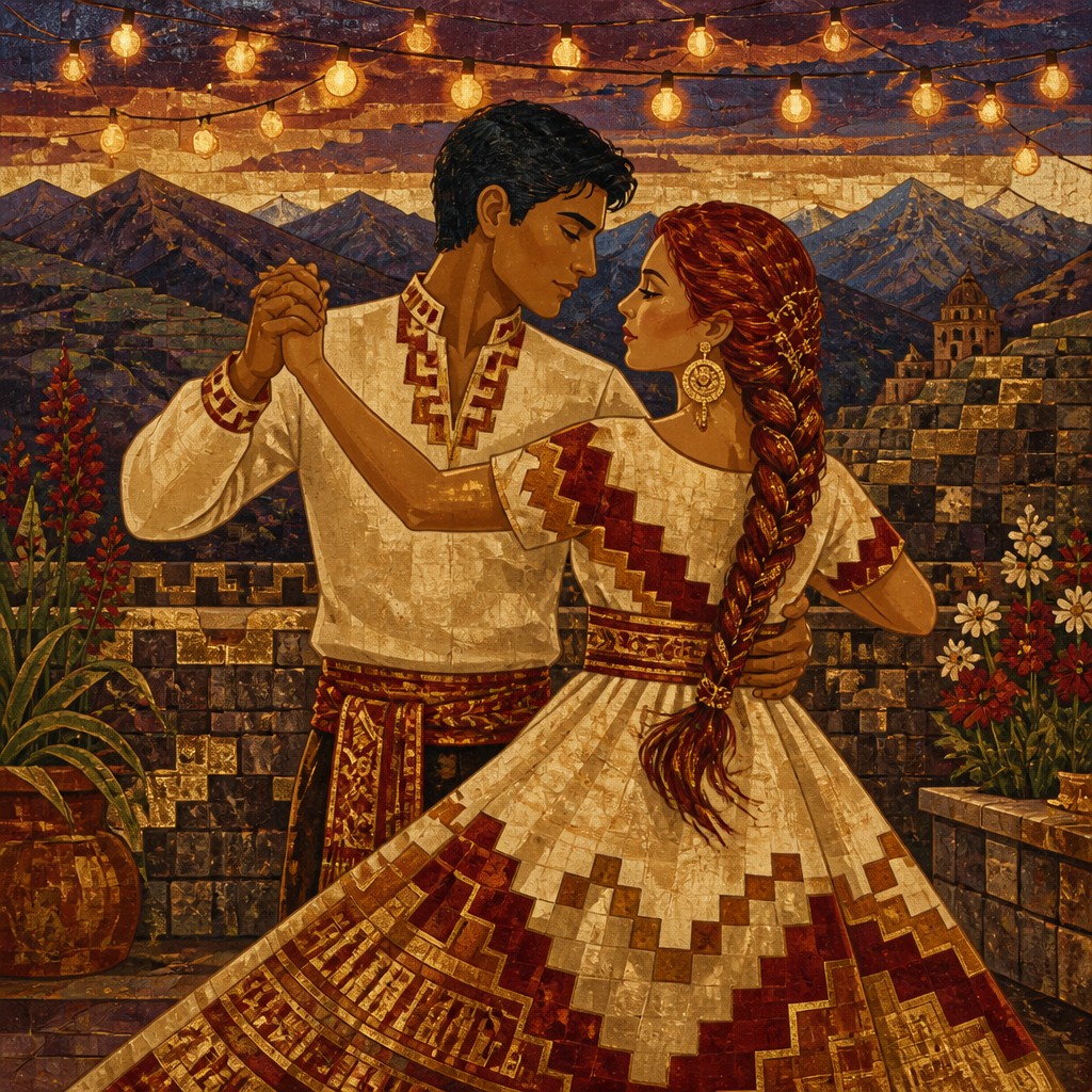 an original couple dancing under string lights in a garden at dusk: a man with short black hair in a linen shirt and a woman with braided red hair in a summer dress