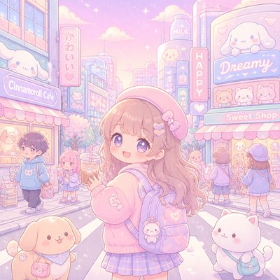 urban street with city activity — Kawaii Pastel Anime Art Style