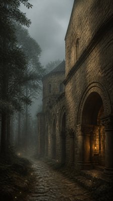 a mysterious forest path with fireflies and drifting mist, atmospheric vertical composition with open space at the top, no text