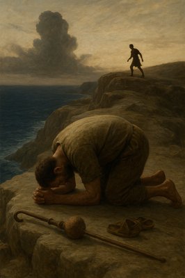a painting of a man kneeling on a cliff