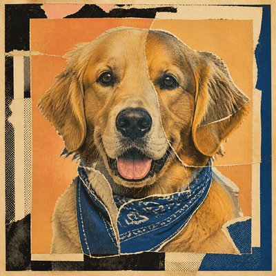 portrait of a golden retriever wearing a blue bandana, warm plain backdrop, no text