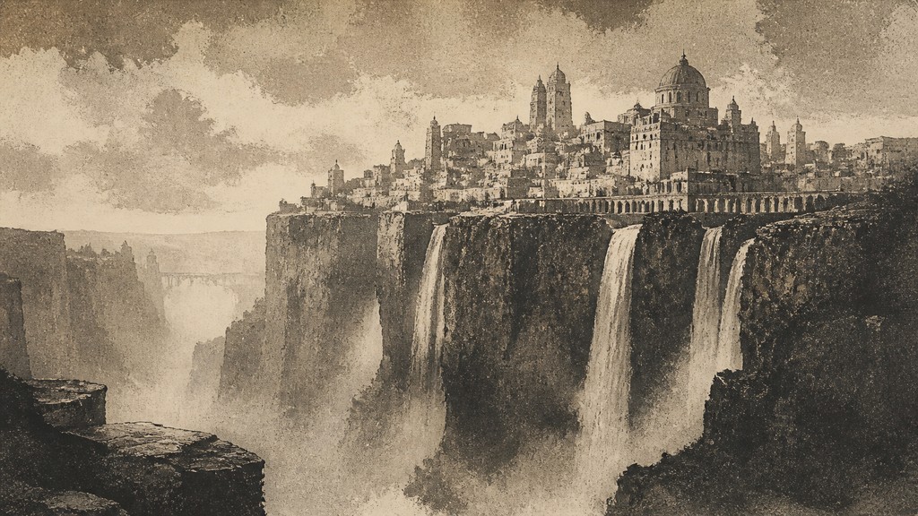a cliffside city with waterfalls cascading into a misty canyon, wide establishing shot, no people, no text