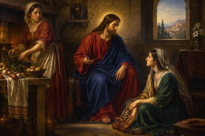 Martha anxiously prepares dinner while Mary sits attentively at Jesus' feet