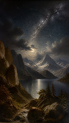 a tranquil mountain lake beneath a starry night sky, no people, no text