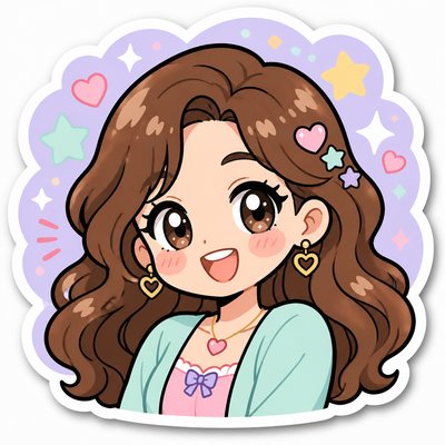 head-and-shoulders portrait of an original character: a young woman with wavy chestnut hair and a warm smile, plain soft backdrop