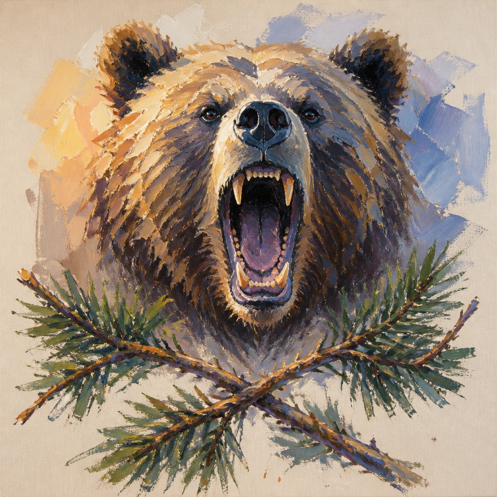 a roaring bear head above crossed pine branches, bold graphic composition on a plain background, no text
