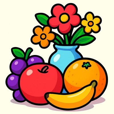 still life arrangement of fruits and flowers
