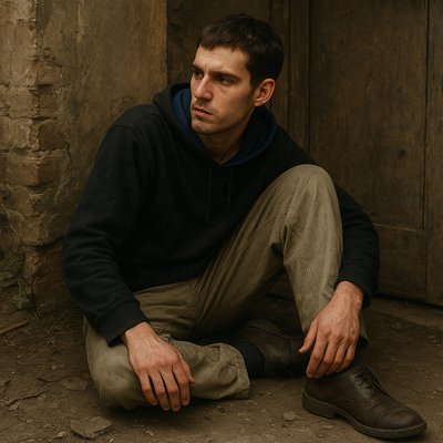a man sitting on the ground wearing a black hoodie