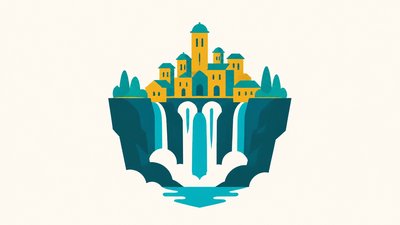 a cliffside city with waterfalls cascading into a misty canyon, wide establishing shot, no people, no text