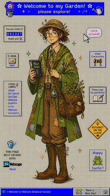 full-body original character: a wandering botanist with a satchel of plants, a patched green cloak, tall boots and round glasses, neutral background