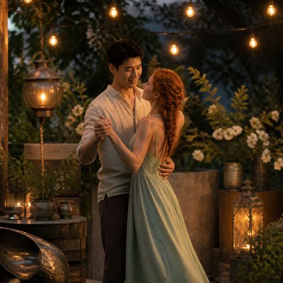 an original couple dancing under string lights in a garden at dusk: a man with short black hair in a linen shirt and a woman with braided red hair in a summer dress