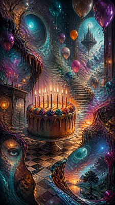 a birthday cake with lit candles surrounded by balloons and confetti, festive vertical composition, no text