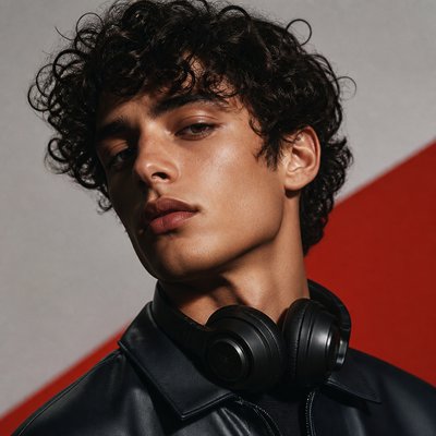 head-and-shoulders portrait of an original character: a young man with curly dark hair and headphones around his neck, plain backdrop, no text