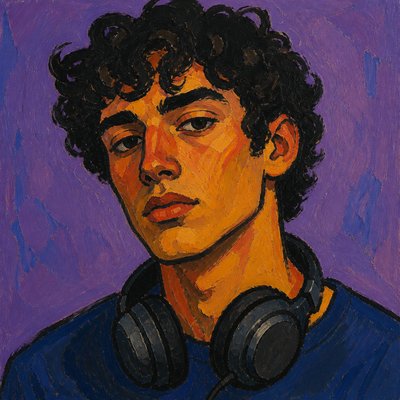 head-and-shoulders portrait of an original character: a young man with curly dark hair and headphones around his neck, plain backdrop, no text