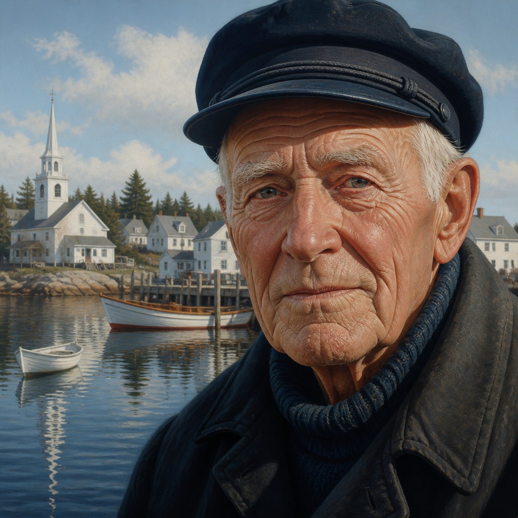 close-up portrait of an elderly person with expressive weathered features — New England Maritime Art Style