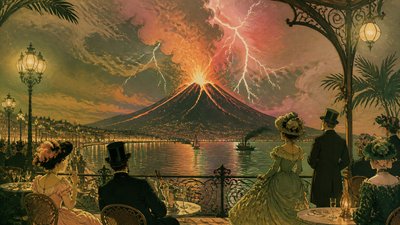 an erupting volcano with lightning strikes, dramatic wide composition, no text
