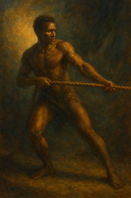 a painting of a man holding a rope