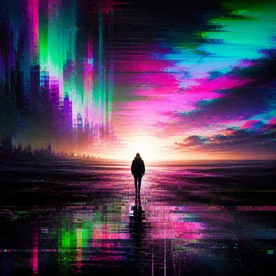 a solitary figure walking toward a glowing horizon across an empty plain, moody atmosphere, no text or lettering