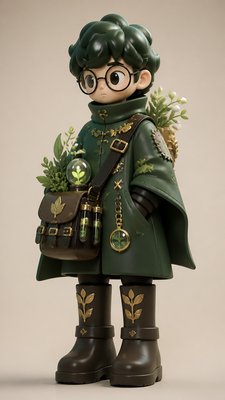 full-body original character: a wandering botanist with a satchel of plants, a patched green cloak, tall boots and round glasses, neutral background